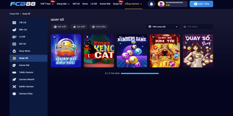 sảnh game quay số fcb88 gồm nhiều lựa chọn