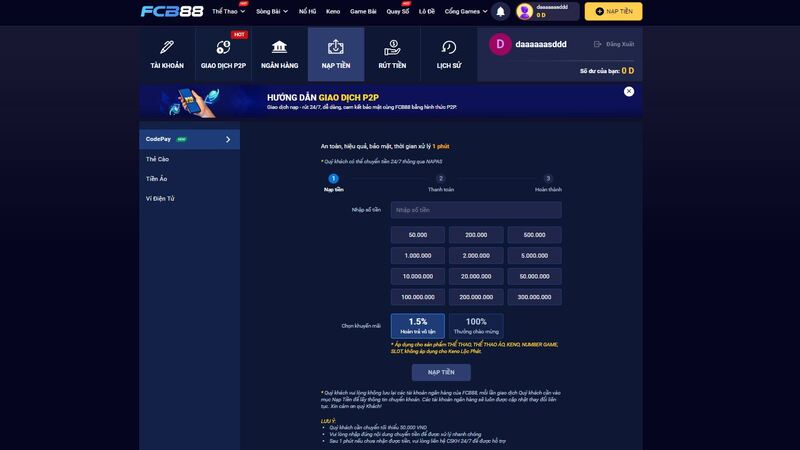 hướng dẫn nạp tiền fcb88 bằng codepay