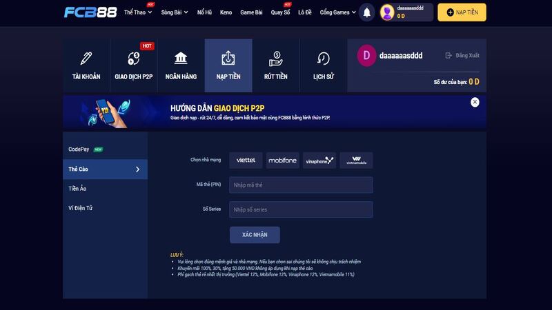 các bước nạp tiền fcb88 bằng thẻ cào