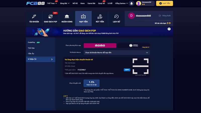 hướng dẫn nạp tiền vào fcb88 bằng ví điện tử