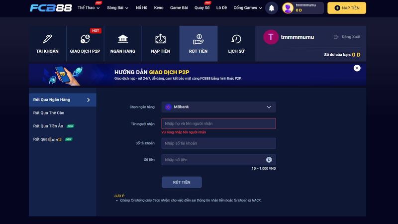 hướng dẫn rút tiền fcb88 bằng chuyển khoản ngân hàng