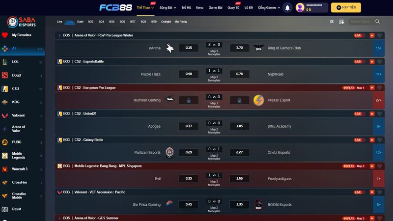 sảnh e sports tại fcb88