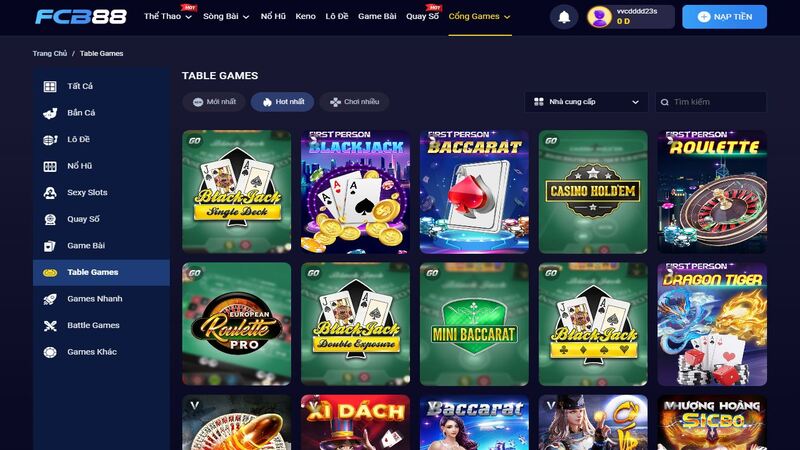 sảnh table game fcb88 với hơn 30 game