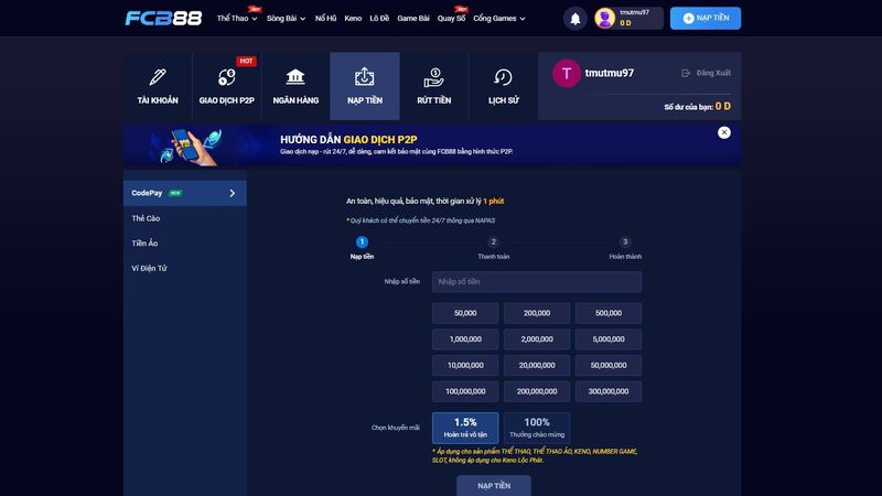 hướng dẫn nạp tiền fcb88 qua mbbank chi tiết
