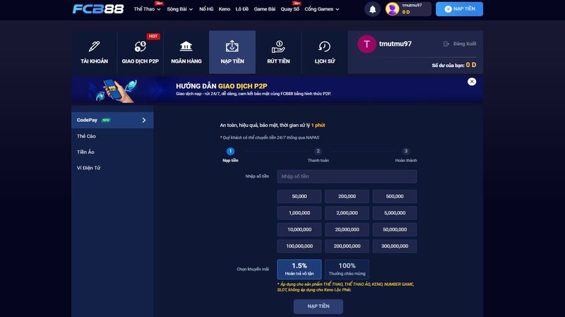 hướng dẫn chi tiết nạp tiền vào fcb88 qua vietcombank